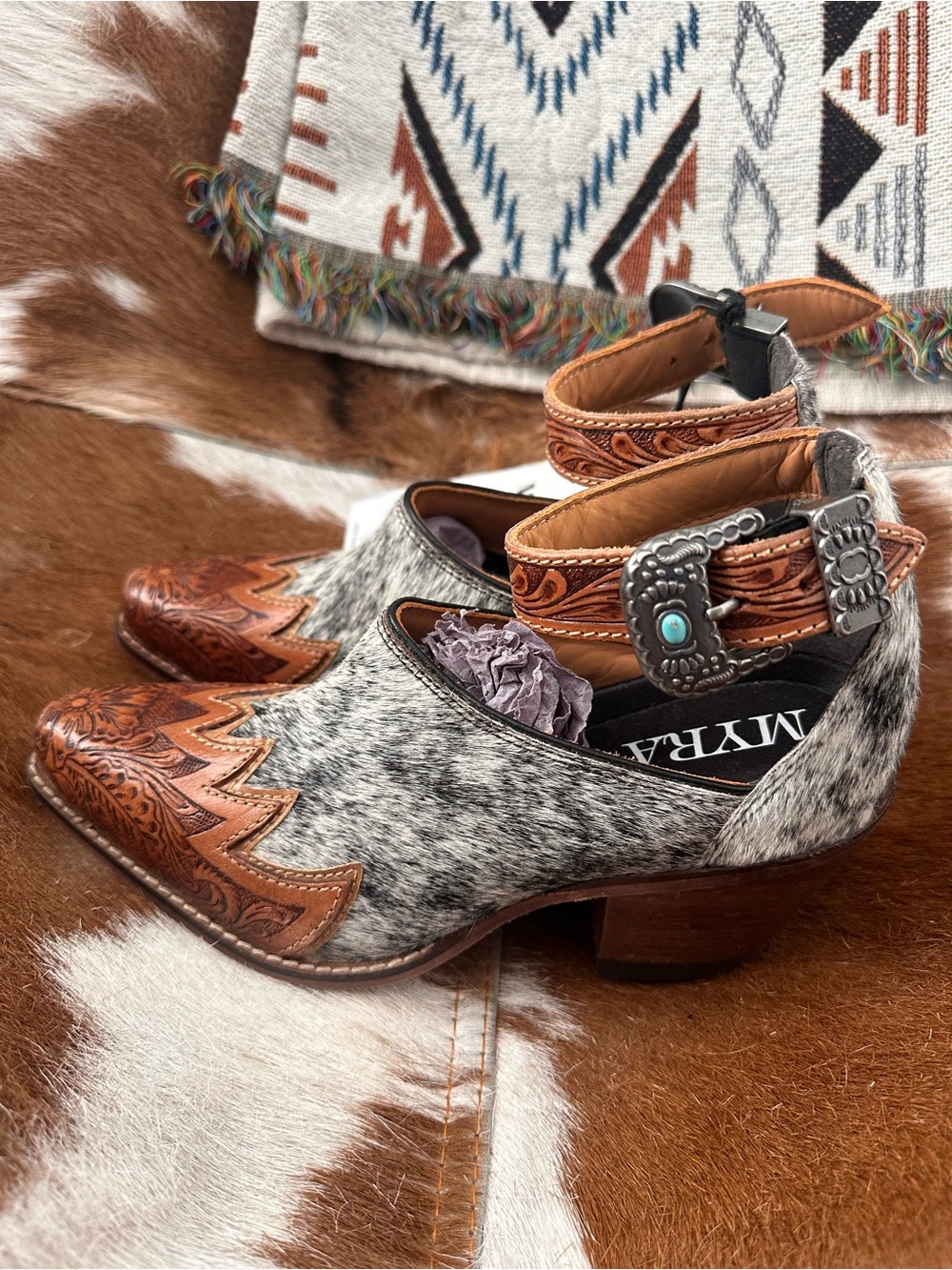 Myra Bag Brown Tooled Leather & White Speckled Hair-On-Hide Western Ankle Boots - Picture 2 of 6